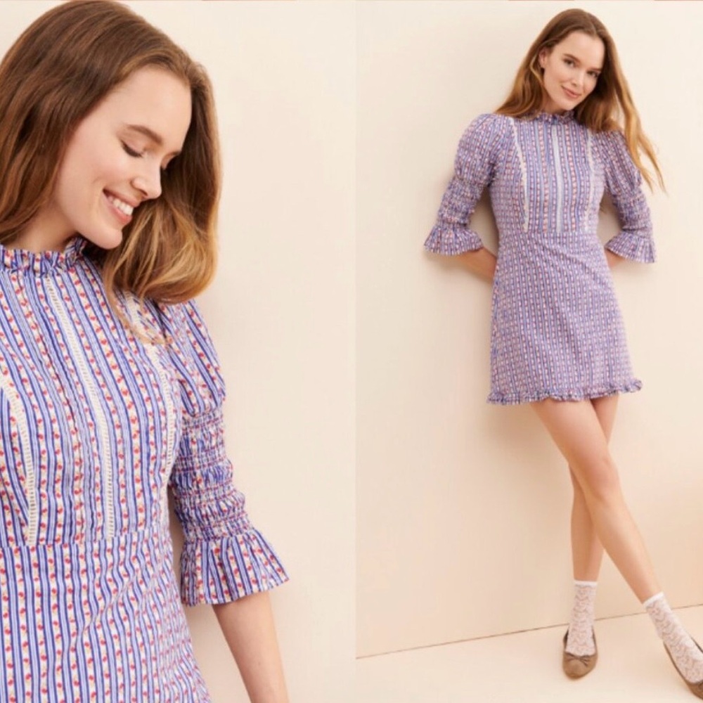Laura Ashley x Urban Outfitters Floral Mock Neck Smocked Ruffle Mini Dress Sz XS - Picture 15 of 16